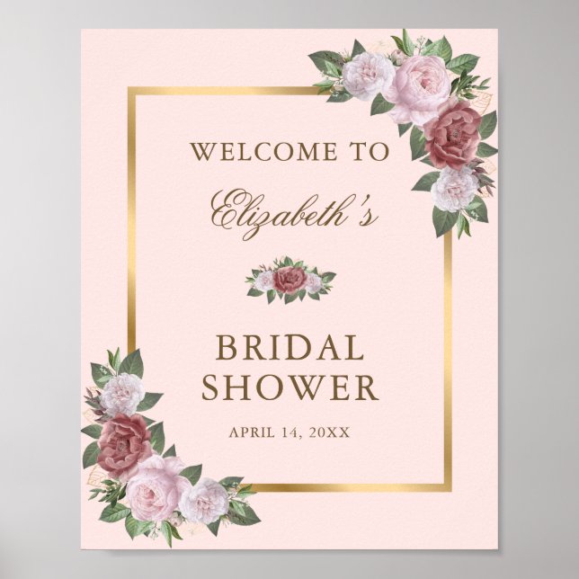 Blush Pink Gold Floral Bridal Shower Welcome Sign (Front)