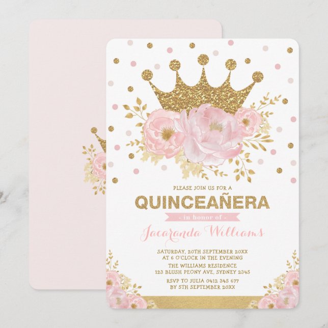 Blush Pink Gold Floral Crown Princess Quinceañera Invitation (Front/Back)