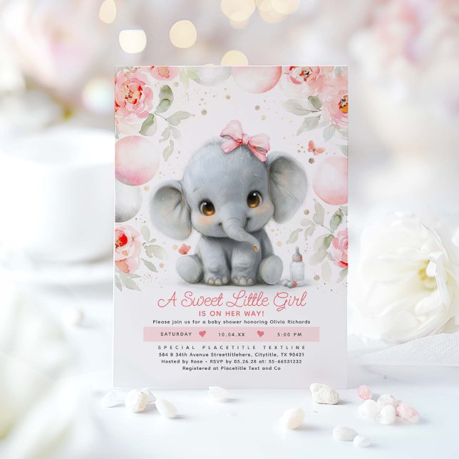 Blush Pink Gold Floral Elephant Baby Shower Invitation (Elephant Girl Baby Shower Invitation)
