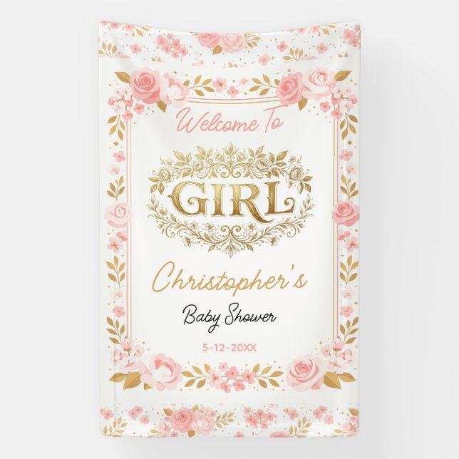 Blush Pink & Gold Floral Girl Baby Shower Banner (Vertical)