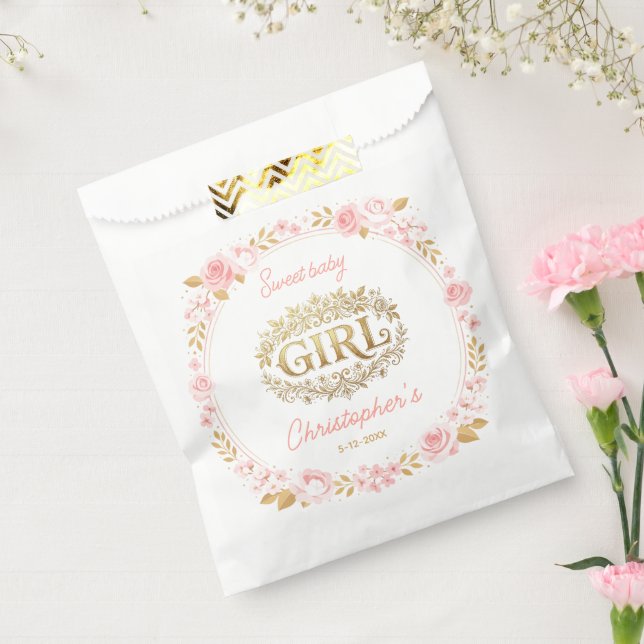 Blush Pink & Gold Floral Girl Baby Shower Favour Bags (Sealed)