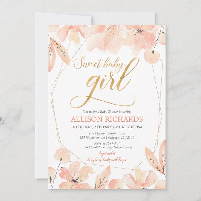 Blush pink gold floral girl baby shower invitation (Front)