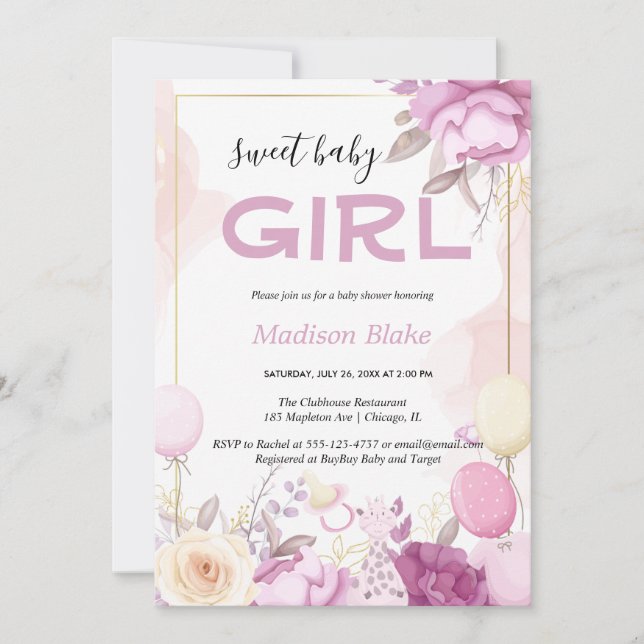 Blush pink gold Floral Girl baby shower Invitation (Front)