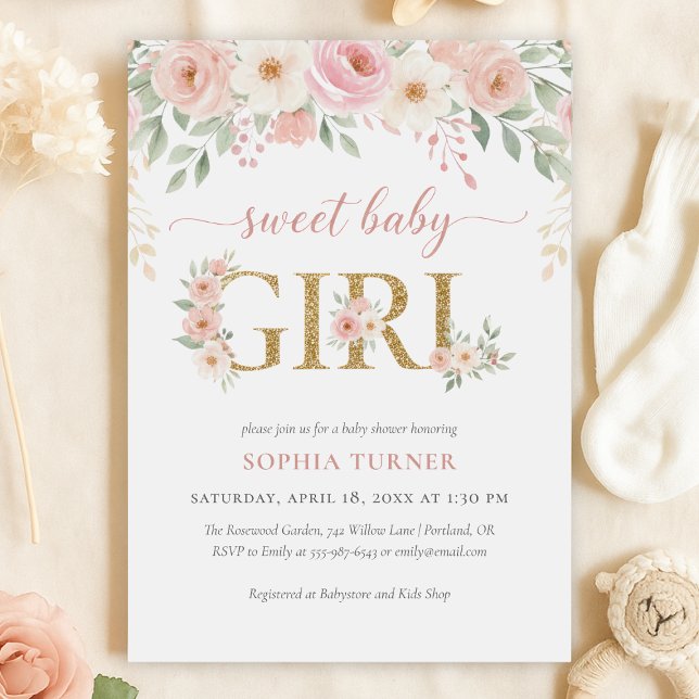 Blush Pink Gold Floral Girl Baby Shower Invitation (Blush Pink Gold Floral Girl Baby Shower Invitation)