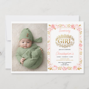 Blush Pink & Gold Floral Girl Baby Shower photo Invitation