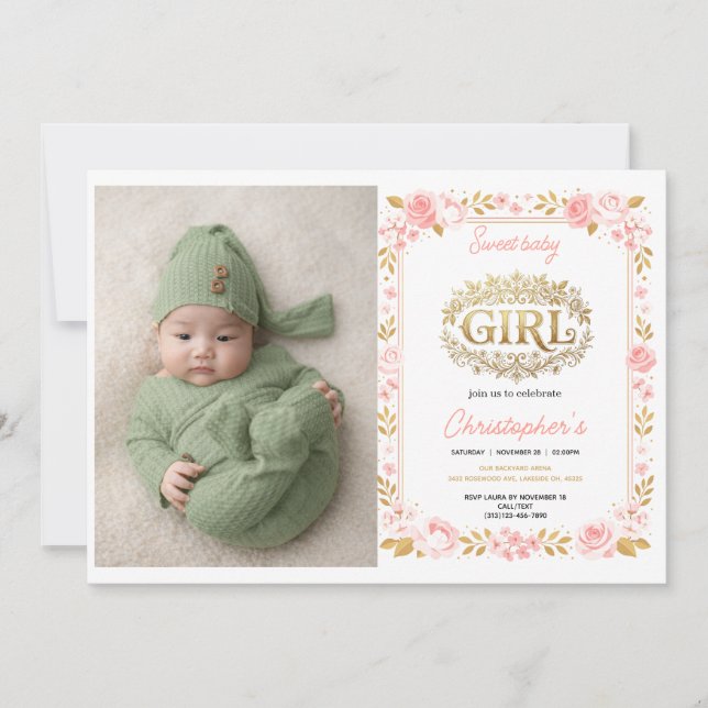 Blush Pink & Gold Floral Girl Baby Shower photo Invitation (Front)
