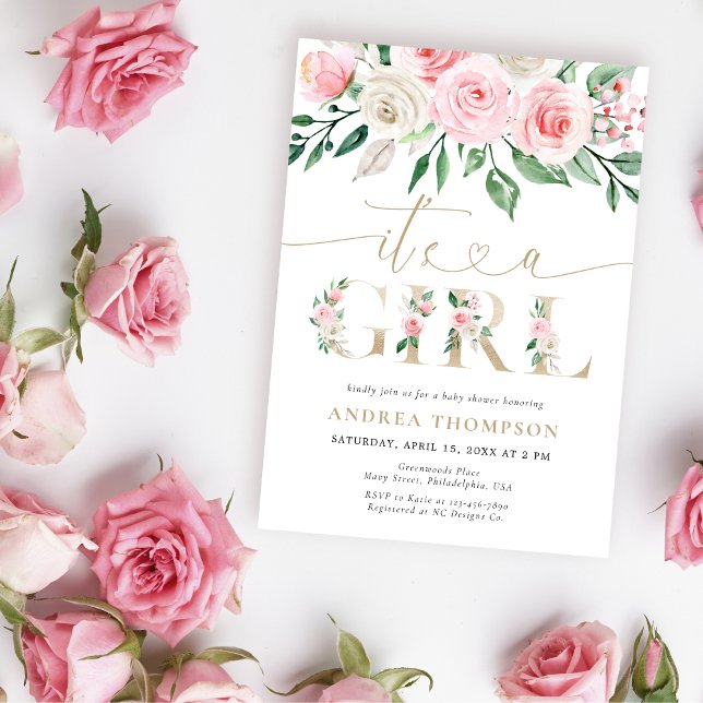 Blush Pink Gold Floral It's A Girl Baby Shower Invitation (Creator Uploaded)