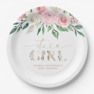 Blush Pink Gold Floral It's A Girl Baby Shower Paper Plate