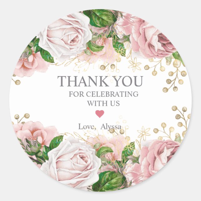Blush Pink Gold Floral Little Girl Baby Shower Classic Round Sticker (Front)