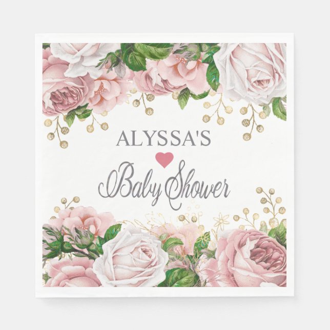 Blush Pink Gold Floral Little Girl Baby Shower  Napkin (Front)