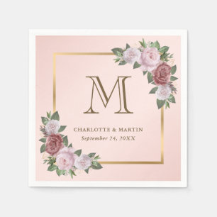 Blush Pink Gold Floral Monogram Wedding Napkin