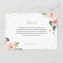 Blush pink gold floral peony wedding details card