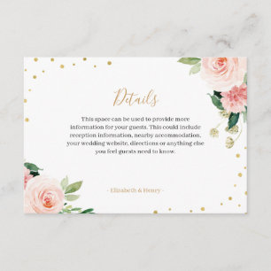 Blush pink gold floral peony wedding details card