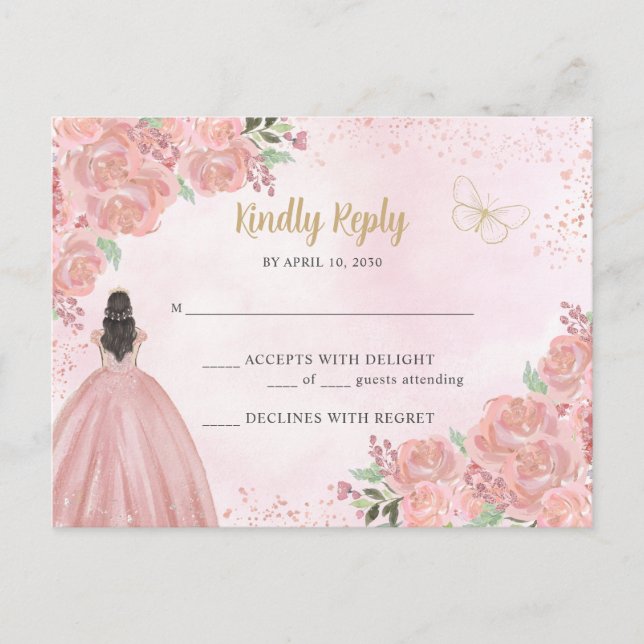 Blush Pink Gold Floral Princess Quinceañera RSVP Postcard (Front)