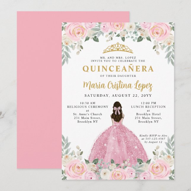 Blush Pink Gold Floral Princess Tiara Quinceañera Invitation (Front/Back)