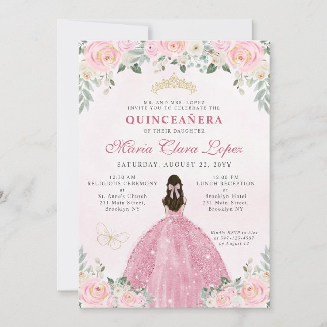 Blush Pink Gold Floral Princess Tiara Quinceañera Invitation (Front)