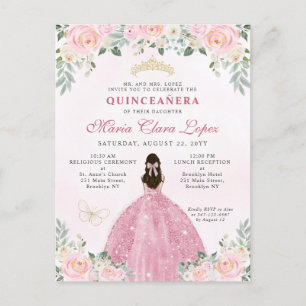 Blush Pink Gold Floral Princess Tiara Quinceañera Invitation Postcard