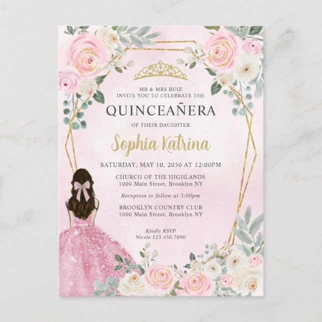 Blush Pink Gold Floral Princess Tiara Quinceañera  Postcard (Front)
