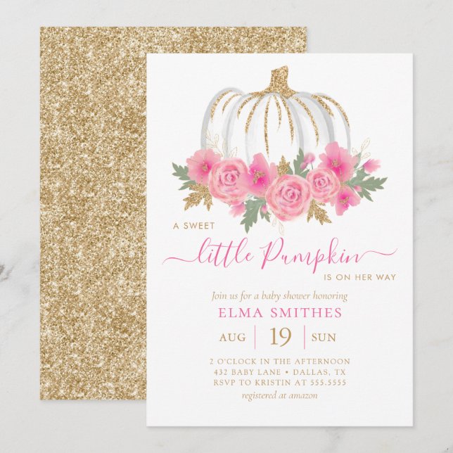 Blush Pink Gold Floral Pumpkin Girl Baby Shower  Invitation (Front/Back)