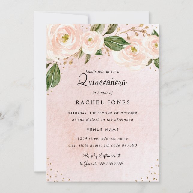 Blush Pink Gold Floral Quinceanera Birthday Invitation (Front)