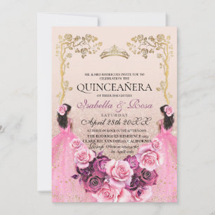 Blush Pink Gold Floral Quinceañera Twins Invitation