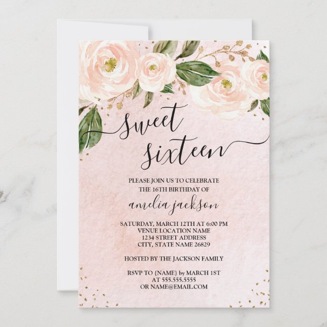 Blush Pink Gold Floral Sweet Sixteen  Invitation (Front)