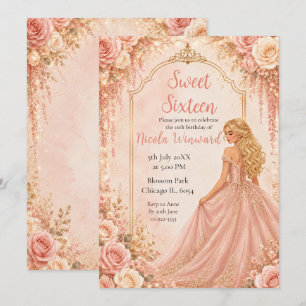 Blush Pink Gold Floral Sweet Sixteen Party Invitation