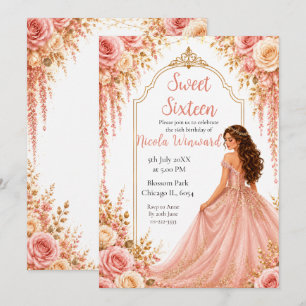 Blush Pink Gold Floral Sweet Sixteen Party Invitation