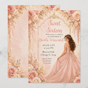 Blush Pink Gold Floral Sweet Sixteen Party Invitation