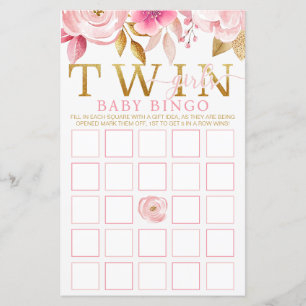 Blush Pink Gold Floral Twin Girls Baby Bingo Cards