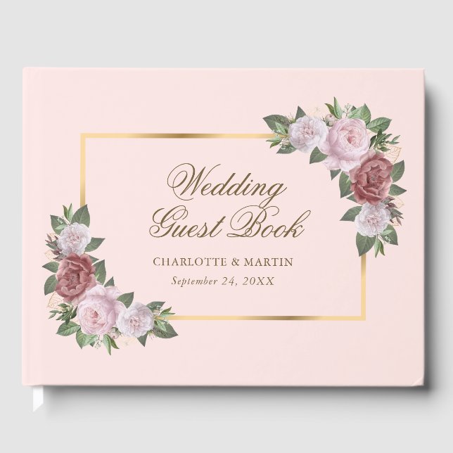 Blush Pink Gold Floral Wedding Guest Book (Front)