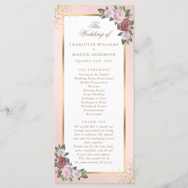 Blush Pink Gold Floral Wedding Programme (Front)
