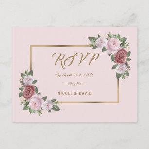 Blush Pink Gold Floral Wedding RSVP Postcard