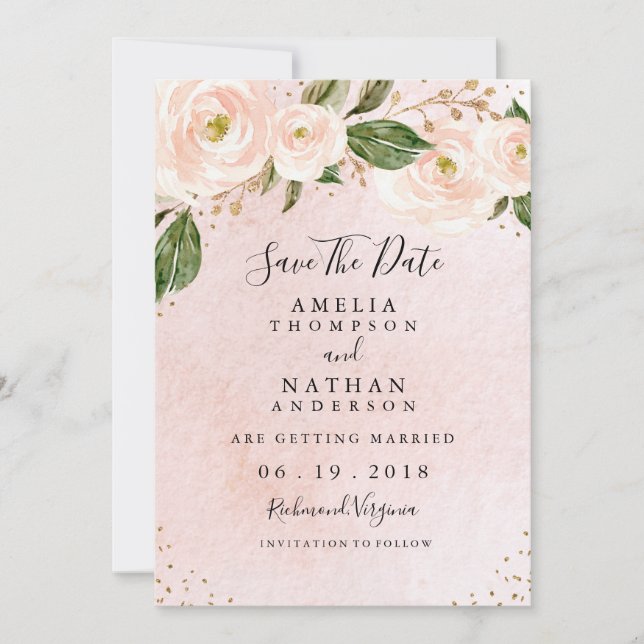 Blush Pink Gold Floral Wedding Save The Date   Invitation (Front)