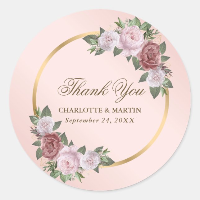 Blush Pink Gold Floral Wedding Thank You Classic Round Sticker (Front)