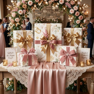 Blush Pink Gold Floral Wedding with Doves and Ring Wrapping Paper