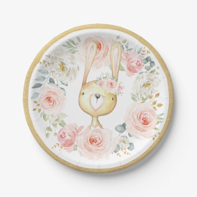 Blush Pink Gold Floral Woodland Bunny Rabbit Baby Paper Plate (Front)