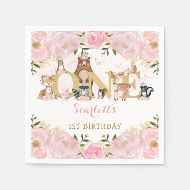 Blush Pink Gold Flower Woodland 1st Birthday Party Napkin (Front)