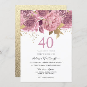 Blush Pink Gold Flowers 40th Birthday Party Invitation