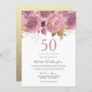 Blush Pink Gold Flowers 50th Birthday Party Invitation