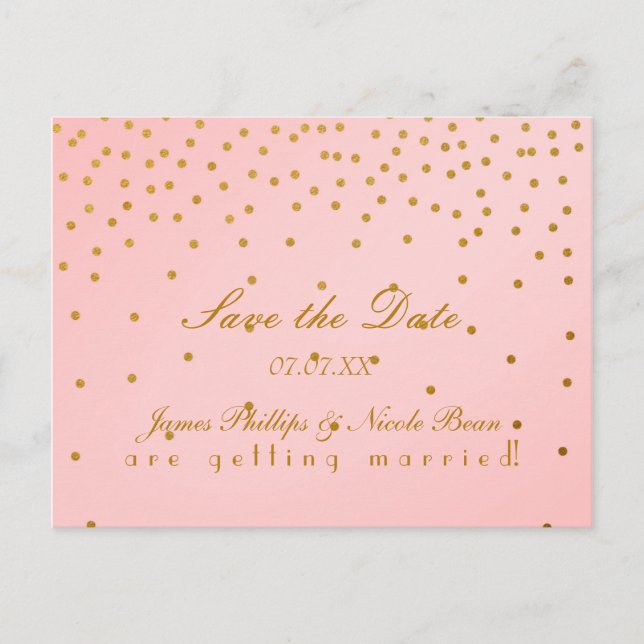 Blush Pink & Gold Foil Dots Save The Date Postcard (Front)