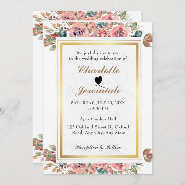Blush Pink Gold Frame Floral Greenery Wedding Invitation (Front/Back)