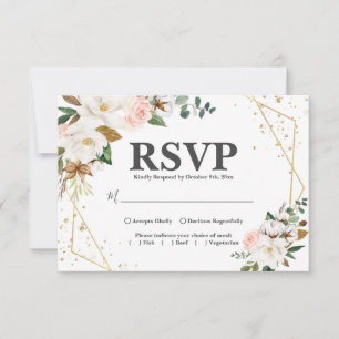 Blush Pink Gold Geometric and White Magnolia Flora RSVP Card