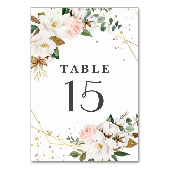 Blush Pink Gold Geometric and White Magnolia Flora Table Number (Front)