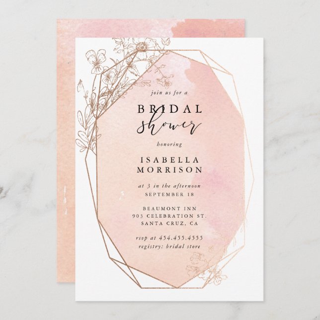 Blush Pink Gold Geometric Floral Bridal Shower Invitation (Front/Back)