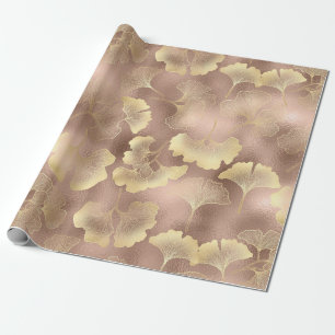 Blush Pink Gold Ginkgo Leaves Elegant Botanical 6 Wrapping Paper