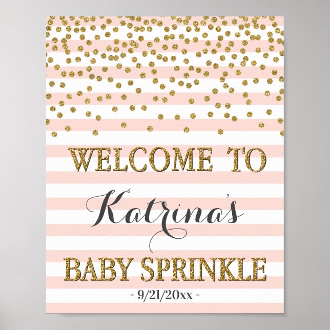 Blush Pink Gold Girl Baby Sprinkle Welcome Sign (Front)