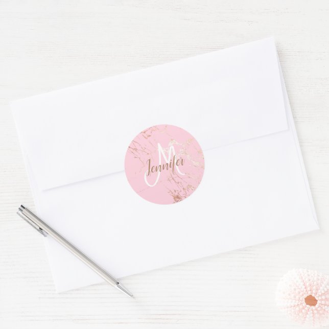 Blush Pink Gold girly Script Monogram Classic Round Sticker (Envelope)