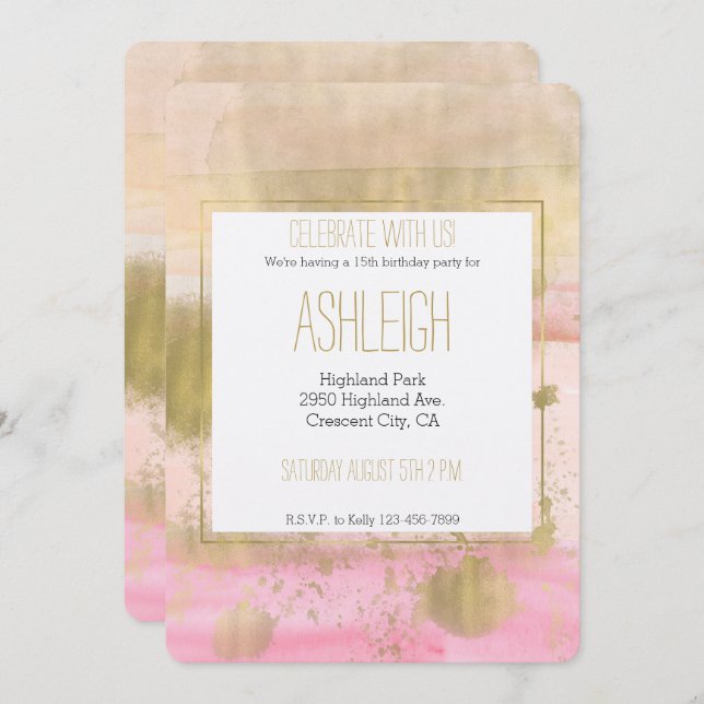 Blush Pink Gold Glam Watercolor Beautiful birthday Invitation (Front/Back)