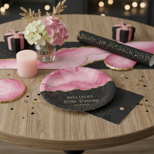 Blush Pink Gold Glitter Abstract Watercolor Marble Paper Plate (Creator Uploaded)